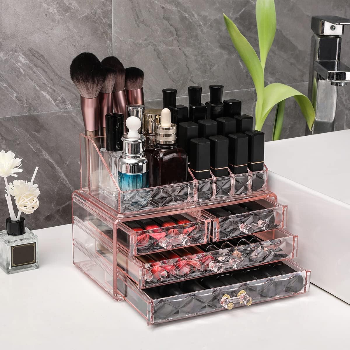 Stackable cosmetic organizer with drawers, easy to organize cosmetic products accessories Suitable for vanity, toilet, bathroom and bedroom organization and storage