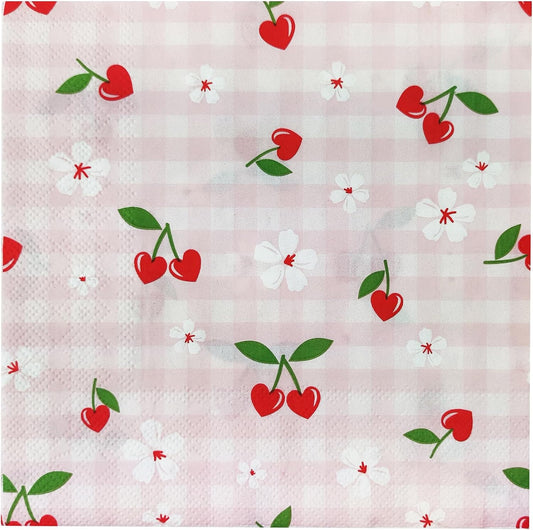 40 Pcs Red Cherry Paper Napkins, 2 Ply Pink Gingham Cherry Decorative Paper Napkins,Fruit Flower Disposable Hand Towels Napkins for Baby Shower Birthday Wedding Party BBQ Decor Supplies 6.5"