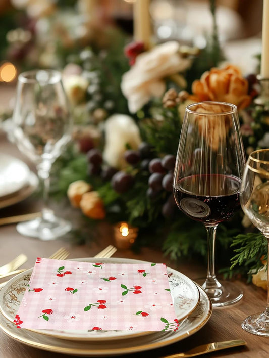 40 Pcs Red Cherry Paper Napkins, 2 Ply Pink Gingham Cherry Decorative Paper Napkins,Fruit Flower Disposable Hand Towels Napkins for Baby Shower Birthday Wedding Party BBQ Decor Supplies 6.5"