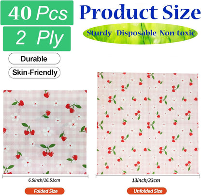 40 Pcs Red Cherry Paper Napkins, 2 Ply Pink Gingham Cherry Decorative Paper Napkins,Fruit Flower Disposable Hand Towels Napkins for Baby Shower Birthday Wedding Party BBQ Decor Supplies 6.5"