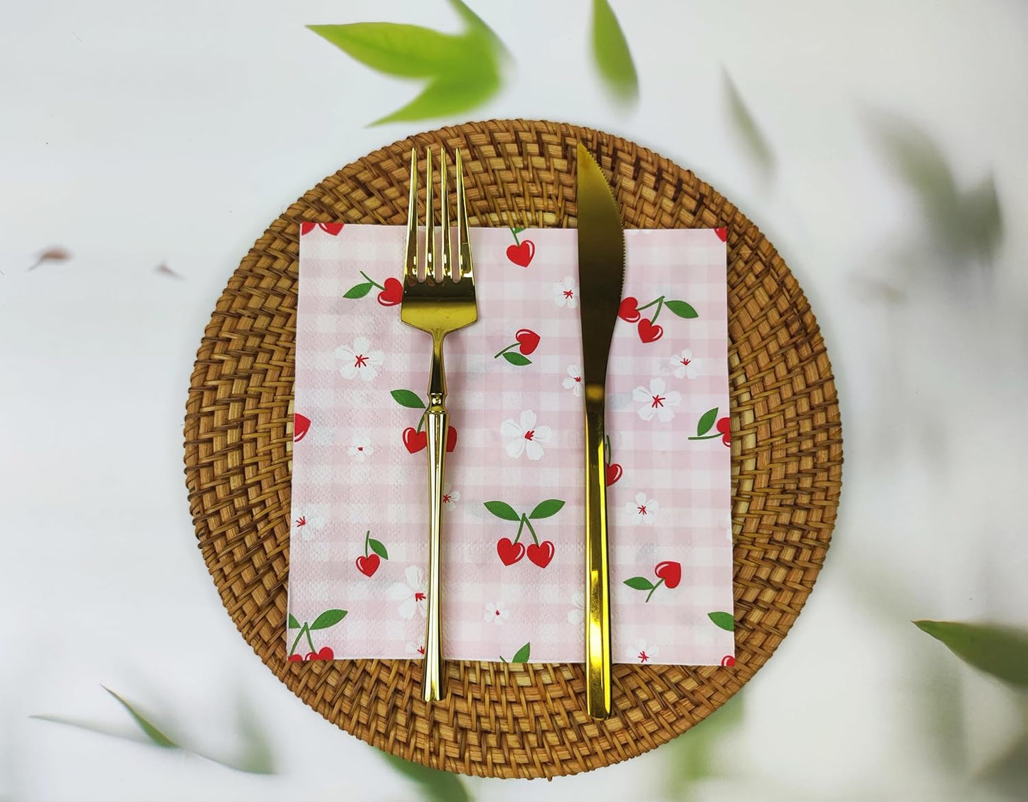 40 Pcs Red Cherry Paper Napkins, 2 Ply Pink Gingham Cherry Decorative Paper Napkins,Fruit Flower Disposable Hand Towels Napkins for Baby Shower Birthday Wedding Party BBQ Decor Supplies 6.5"