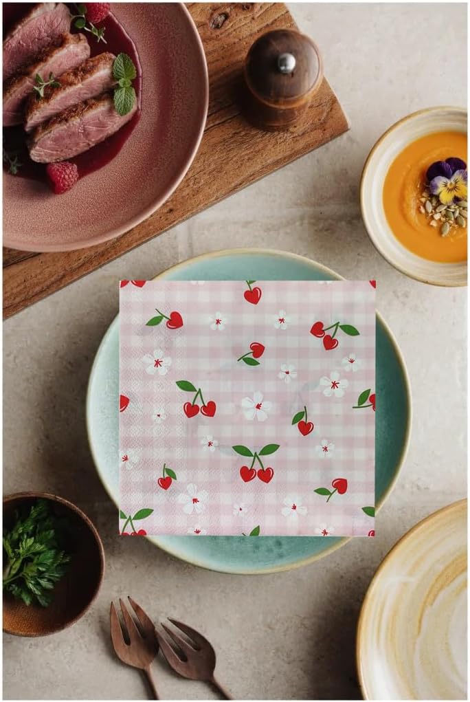40 Pcs Red Cherry Paper Napkins, 2 Ply Pink Gingham Cherry Decorative Paper Napkins,Fruit Flower Disposable Hand Towels Napkins for Baby Shower Birthday Wedding Party BBQ Decor Supplies 6.5"