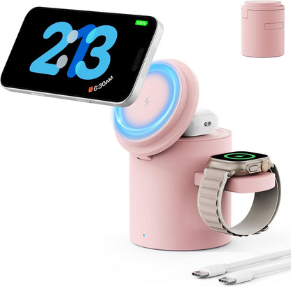 Foldable 3in1 Magnetic Wireless Charger,15W • Silent • Travel Ready, for iPhone17-12, Fast Charging Station for Apple Watch AirPods, Portable MagSafe Charger with Stand Mode for Travel & Desk
