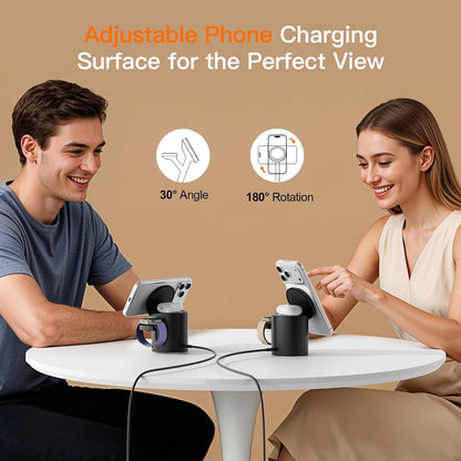 Foldable 3in1 Magnetic Wireless Charger,15W • Silent • Travel Ready, for iPhone17-12, Fast Charging Station for Apple Watch AirPods, Portable MagSafe Charger with Stand Mode for Travel & Desk