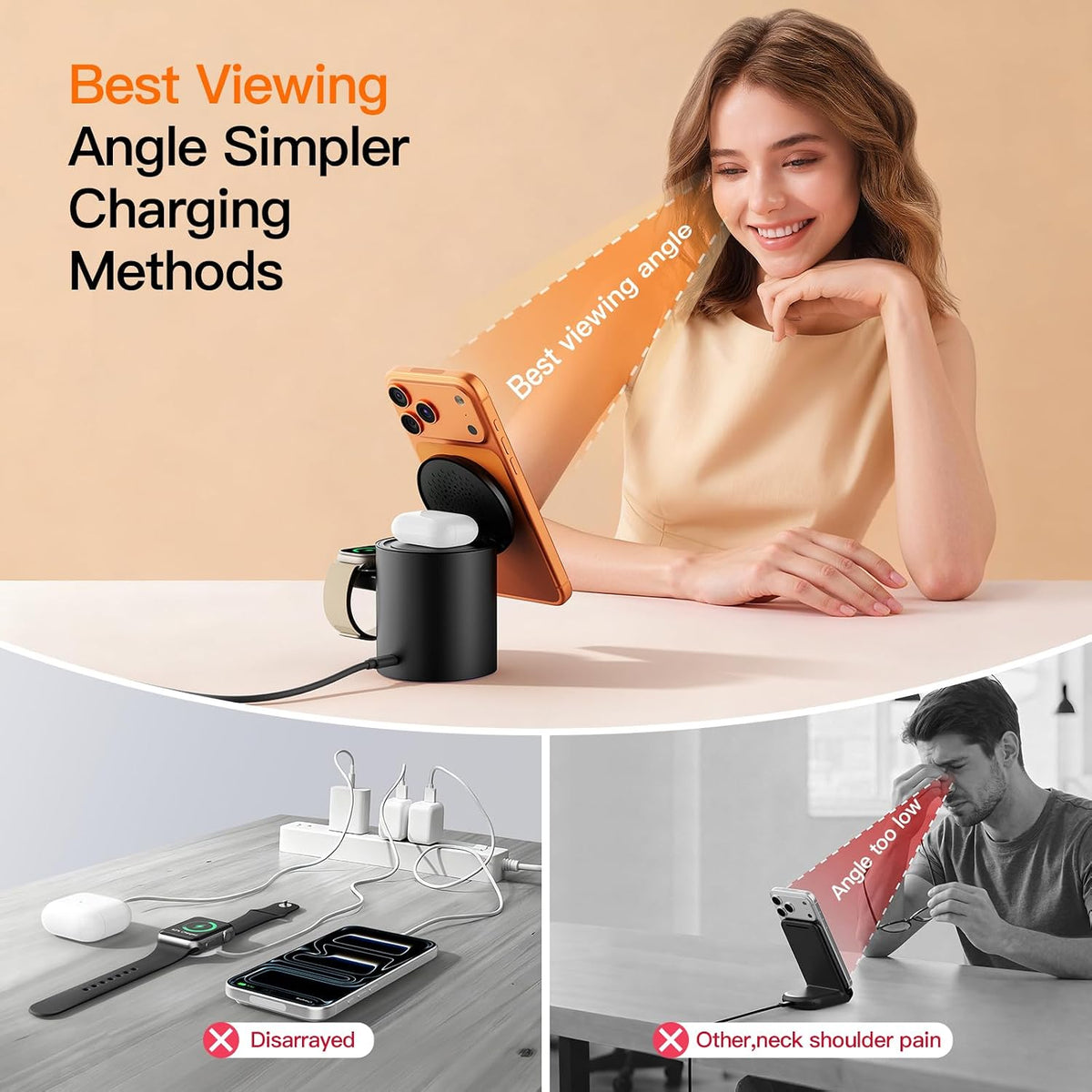 Foldable 3in1 Magnetic Wireless Charger,15W • Silent • Travel Ready, for iPhone17-12, Fast Charging Station for Apple Watch AirPods, Portable MagSafe Charger with Stand Mode for Travel & Desk