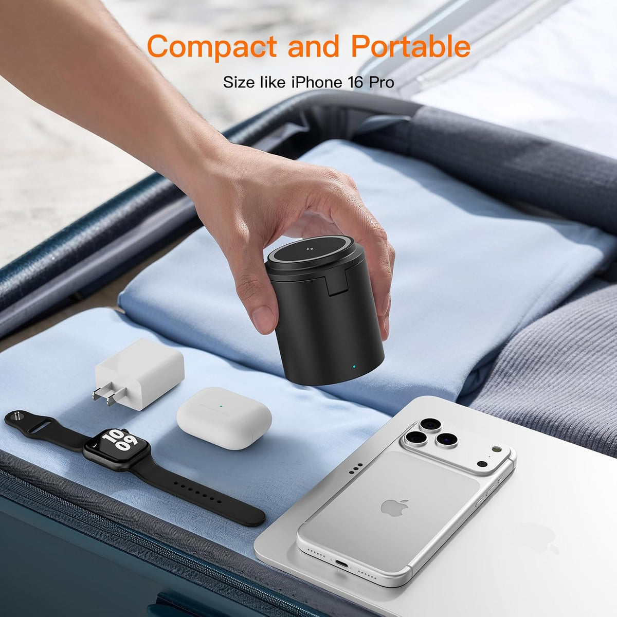 Foldable 3in1 Magnetic Wireless Charger,15W • Silent • Travel Ready, for iPhone17-12, Fast Charging Station for Apple Watch AirPods, Portable MagSafe Charger with Stand Mode for Travel & Desk