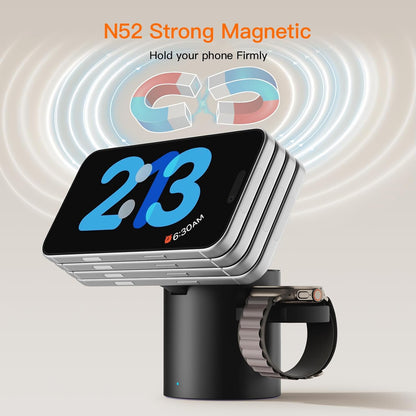 Foldable 3in1 Magnetic Wireless Charger,15W • Silent • Travel Ready, for iPhone17-12, Fast Charging Station for Apple Watch AirPods, Portable MagSafe Charger with Stand Mode for Travel & Desk