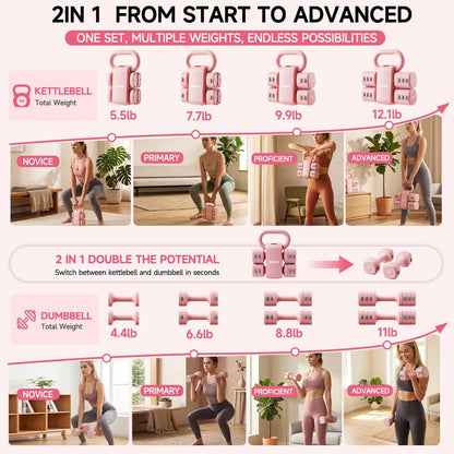 Adjustable Kettlebell Dumbbell Set, 2-in-1 Dumbbells & Kettlebell, Hand Weights Free Weights for Women Beginners with Fast Adjustment,Weights Set Home Gym, Portable & Space-Efficient, Full Body Workout