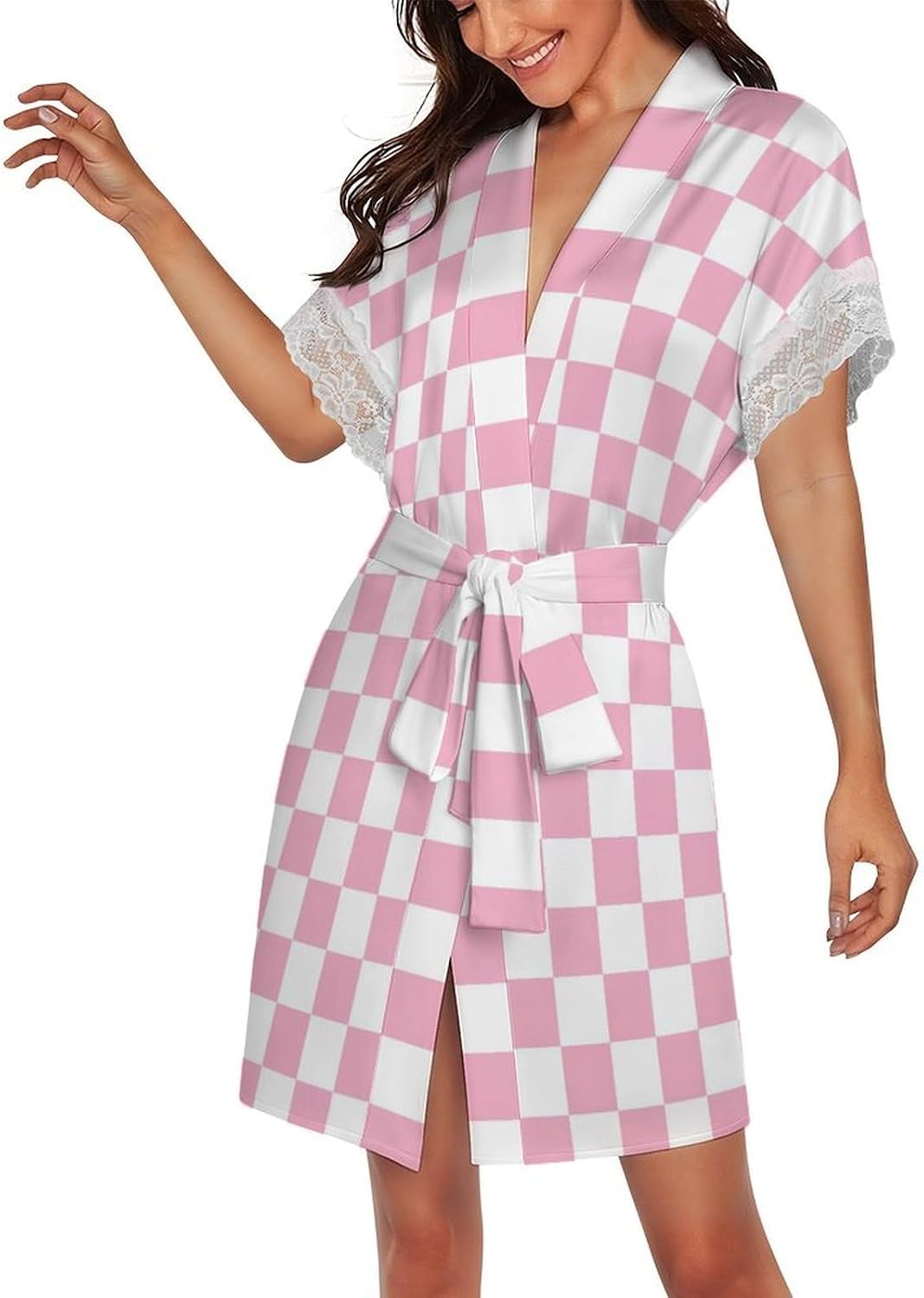 Pink Pastel Checkered Print Short Robes for Women, Kimono Robes Loungewear Dressing Gown Nightgown Sleepwear