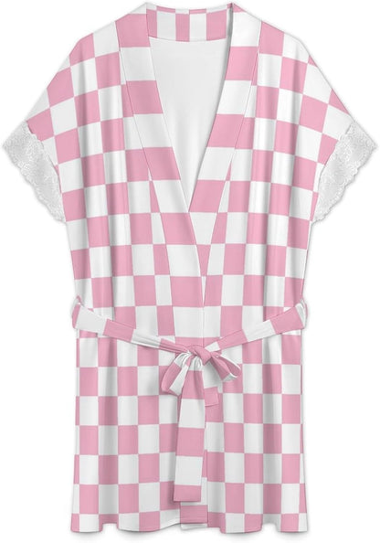 Pink Pastel Checkered Print Short Robes for Women, Kimono Robes Loungewear Dressing Gown Nightgown Sleepwear