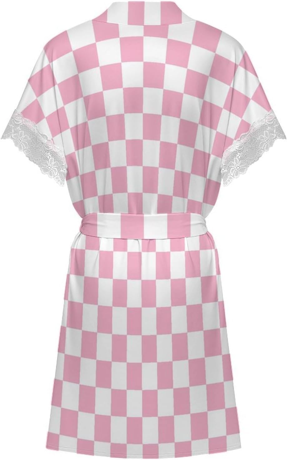 Pink Pastel Checkered Print Short Robes for Women, Kimono Robes Loungewear Dressing Gown Nightgown Sleepwear