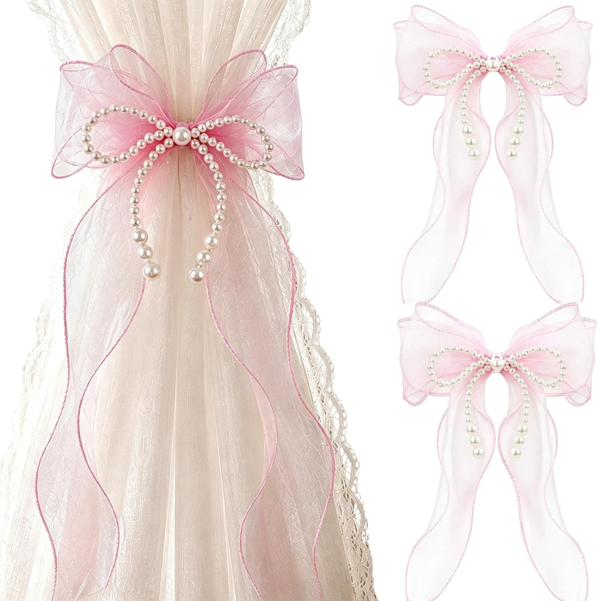 Bow Curtain Tiebacks - 2 Pcs Pink Curtain Ties with Pearls, Coquette Room Decor for Home Dining Room Living Room Bedroom Balcony, Housewarming Gift for Friends Family