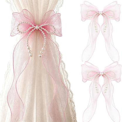 Bow Curtain Tiebacks - 2 Pcs Pink Curtain Ties with Pearls, Coquette Room Decor for Home Dining Room Living Room Bedroom Balcony, Housewarming Gift for Friends Family