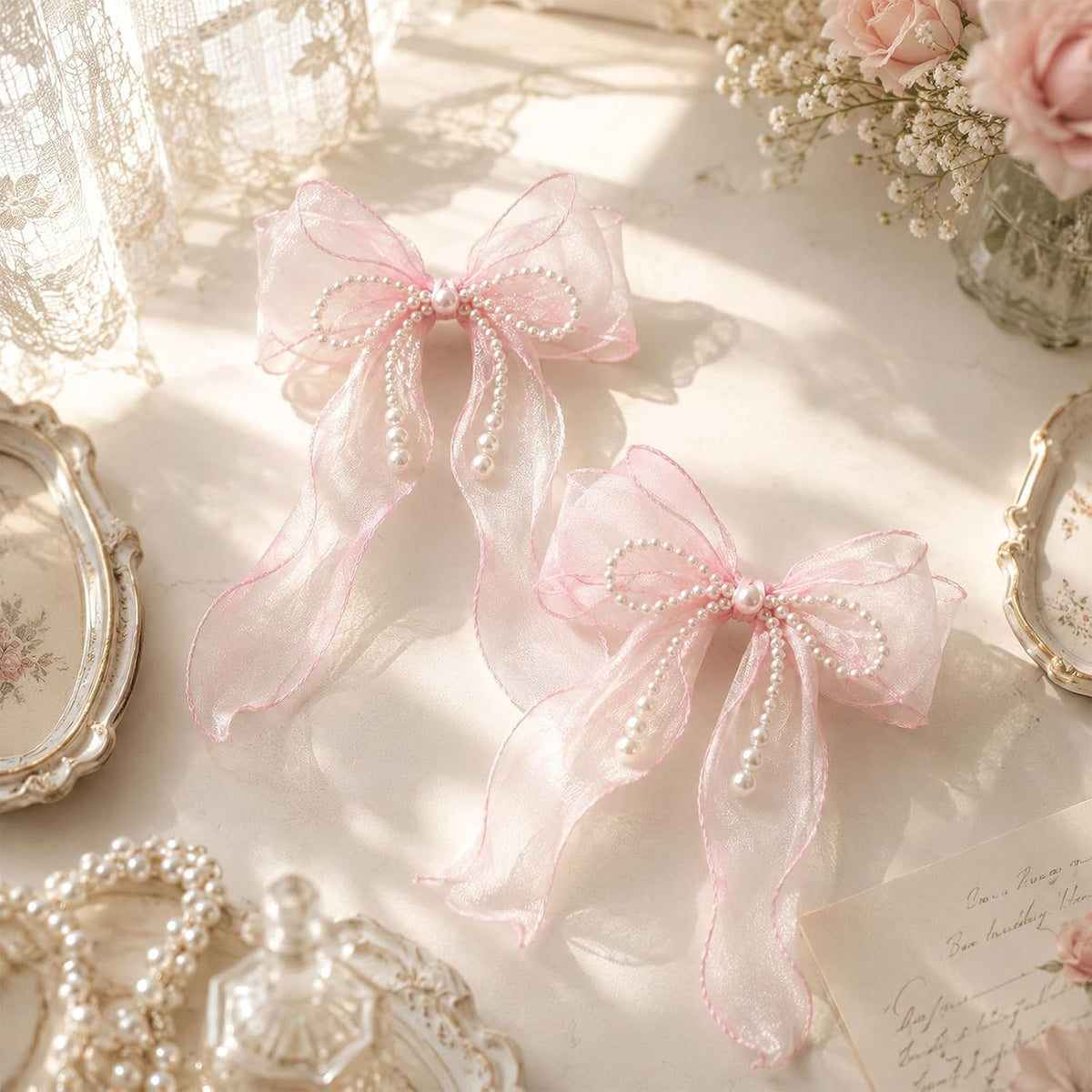 Bow Curtain Tiebacks - 2 Pcs Pink Curtain Ties with Pearls, Coquette Room Decor for Home Dining Room Living Room Bedroom Balcony, Housewarming Gift for Friends Family