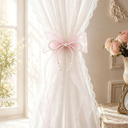 Bow Curtain Tiebacks - 2 Pcs Pink Curtain Ties with Pearls, Coquette Room Decor for Home Dining Room Living Room Bedroom Balcony, Housewarming Gift for Friends Family