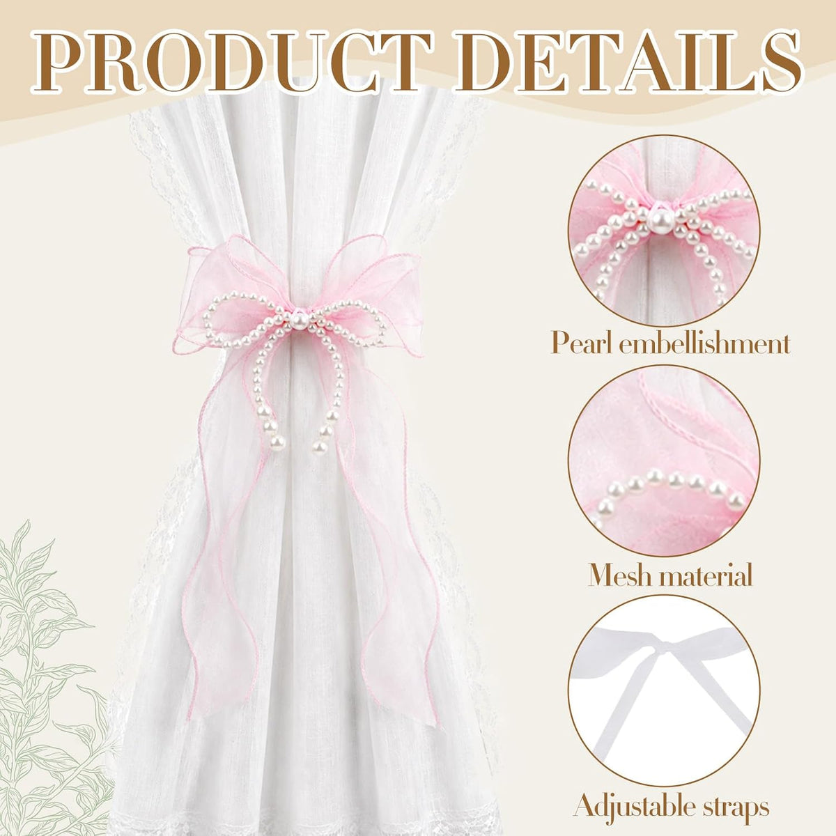 Bow Curtain Tiebacks - 2 Pcs Pink Curtain Ties with Pearls, Coquette Room Decor for Home Dining Room Living Room Bedroom Balcony, Housewarming Gift for Friends Family