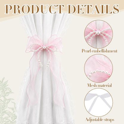 Bow Curtain Tiebacks - 2 Pcs Pink Curtain Ties with Pearls, Coquette Room Decor for Home Dining Room Living Room Bedroom Balcony, Housewarming Gift for Friends Family