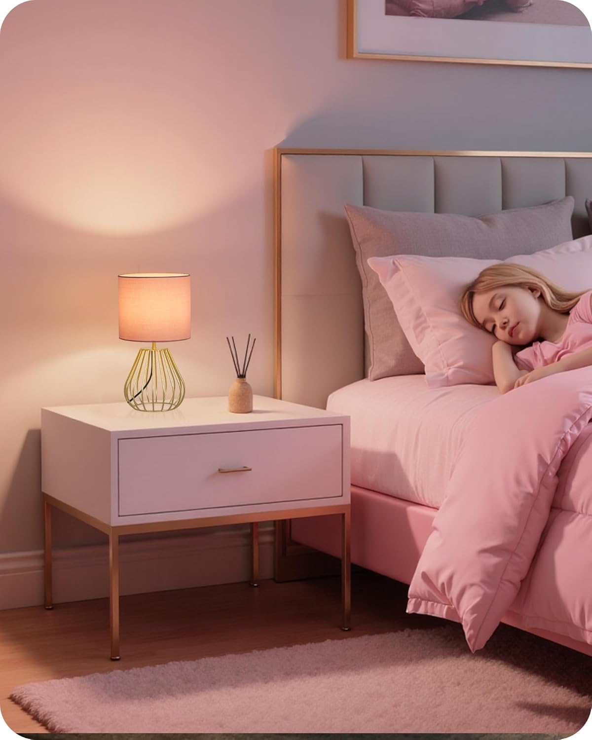 Pink and Gold Table Lamp, Small Bedside Lamp with Metal Base & Pink Linen Lampshade, Modern Nightstand Lamp, Little Cute Desk Lamp for Girl Kid's Room, 2700K LED Bulb Included, DP06TL05