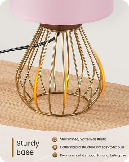 Pink and Gold Table Lamp, Small Bedside Lamp with Metal Base & Pink Linen Lampshade, Modern Nightstand Lamp, Little Cute Desk Lamp for Girl Kid's Room, 2700K LED Bulb Included, DP06TL05