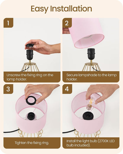 Pink and Gold Table Lamp, Small Bedside Lamp with Metal Base & Pink Linen Lampshade, Modern Nightstand Lamp, Little Cute Desk Lamp for Girl Kid's Room, 2700K LED Bulb Included, DP06TL05