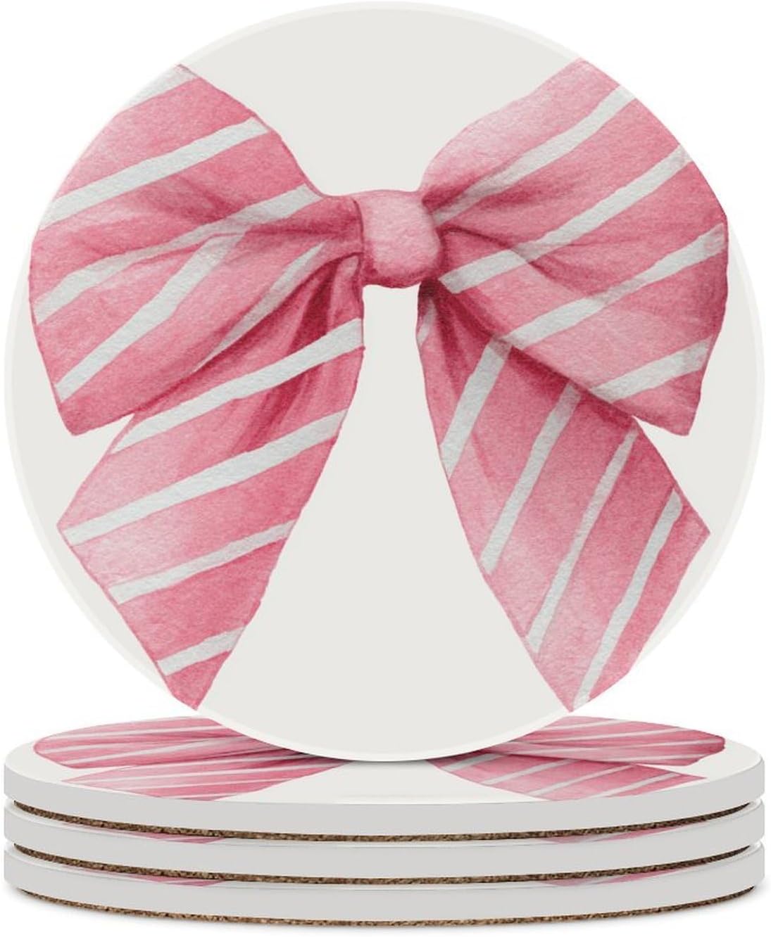 Light Pink Watercolor Bow with White Stripes Coasters Set of 4 Absorbent Coasters
