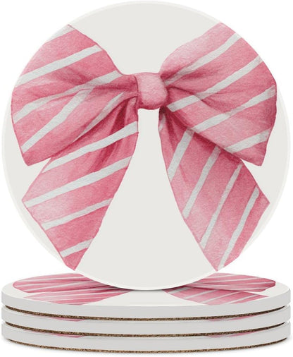Light Pink Watercolor Bow with White Stripes Coasters Set of 4 Absorbent Coasters