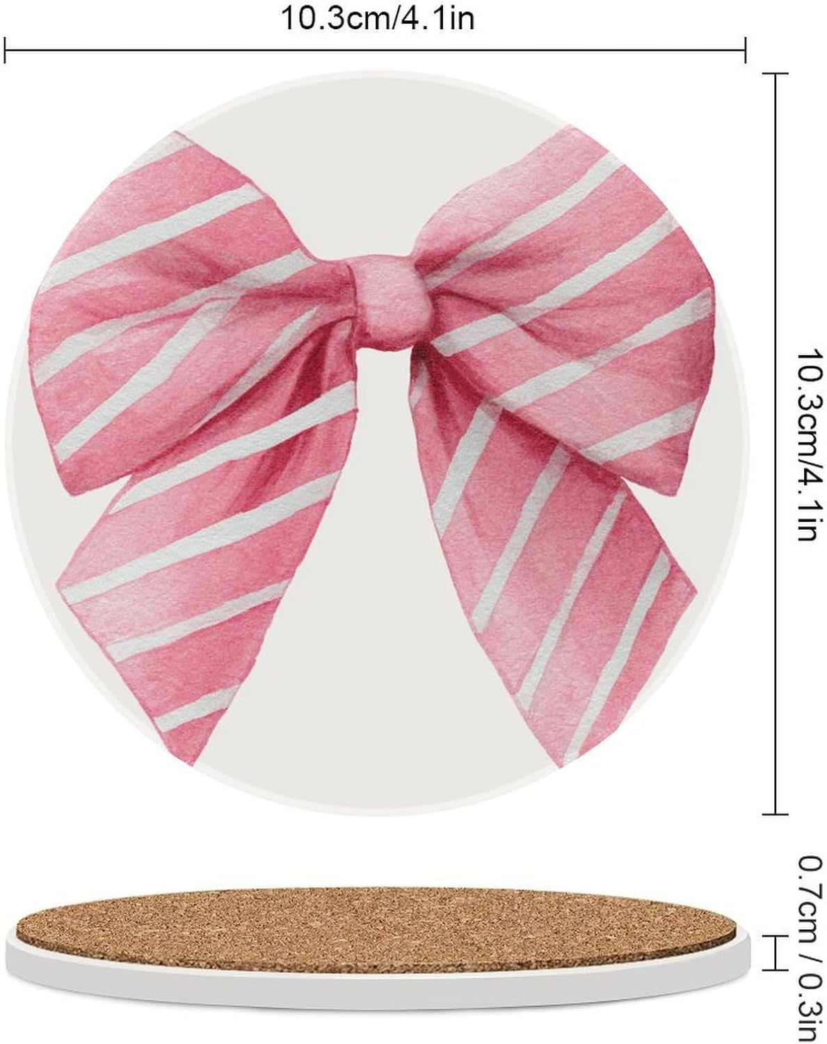 Light Pink Watercolor Bow with White Stripes Coasters Set of 4 Absorbent Coasters