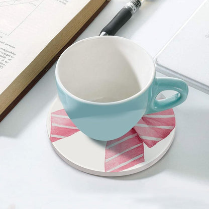 Light Pink Watercolor Bow with White Stripes Coasters Set of 4 Absorbent Coasters