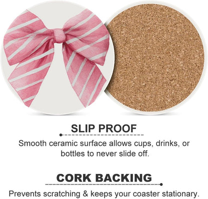 Light Pink Watercolor Bow with White Stripes Coasters Set of 4 Absorbent Coasters