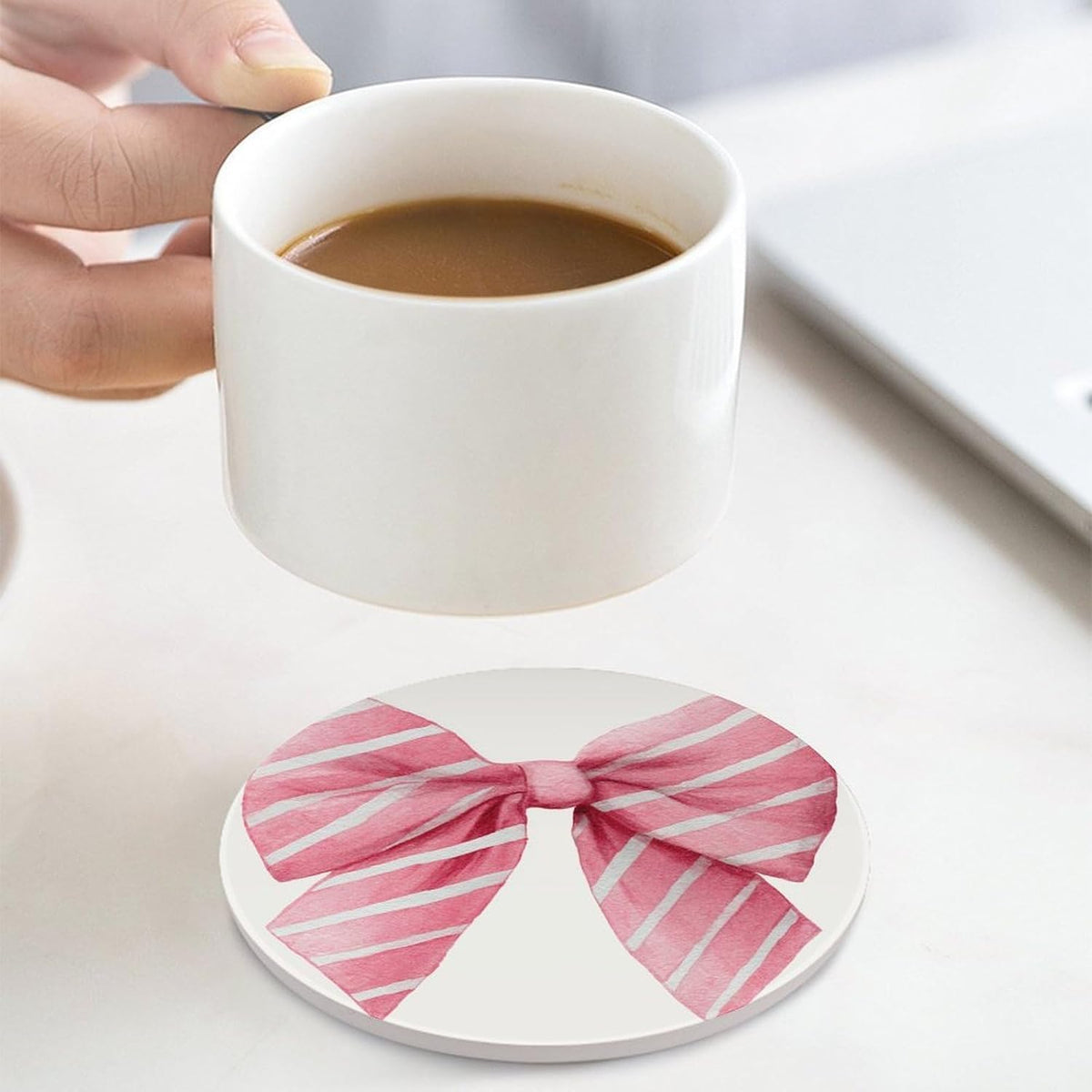 Light Pink Watercolor Bow with White Stripes Coasters Set of 4 Absorbent Coasters