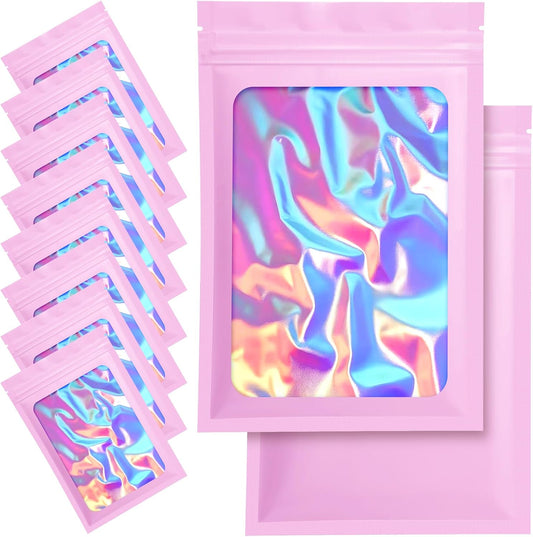 100 Pack Mylar Bags - 5.5 x 7.8 Inch Resealable Smell Proof Bags Foil Pouch Flat Bag with Front Window Pink