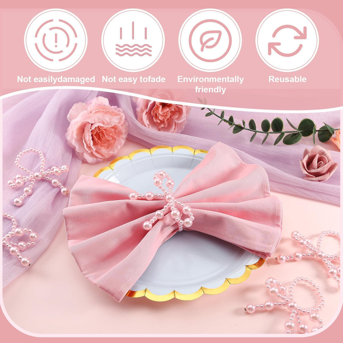 18 Pcs Pink Pearl Napkin Rings Adjustable Imitation Pearl String Elegant Napkin Holders for Weddings Dinner Parties and Everyday Use