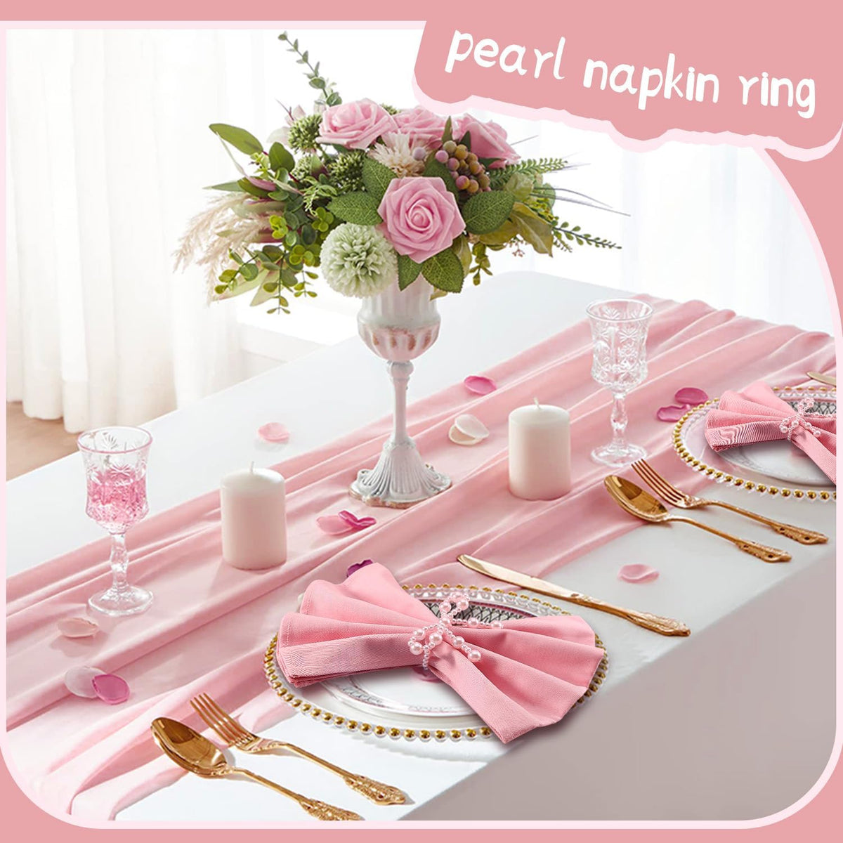 18 Pcs Pink Pearl Napkin Rings Adjustable Imitation Pearl String Elegant Napkin Holders for Weddings Dinner Parties and Everyday Use
