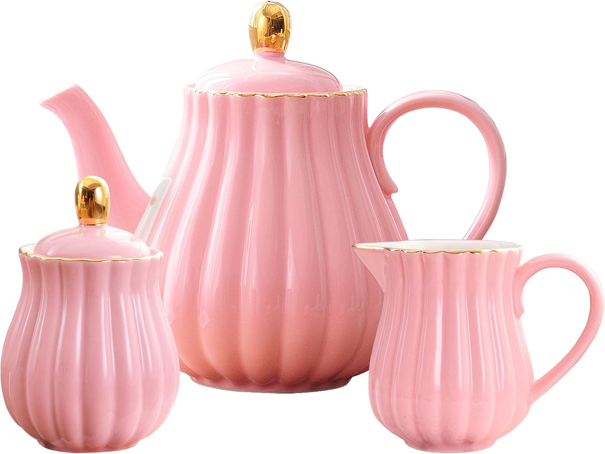 Porcelain Tea Set- Teapot and Creamer Sugar Bowl Set, Pink