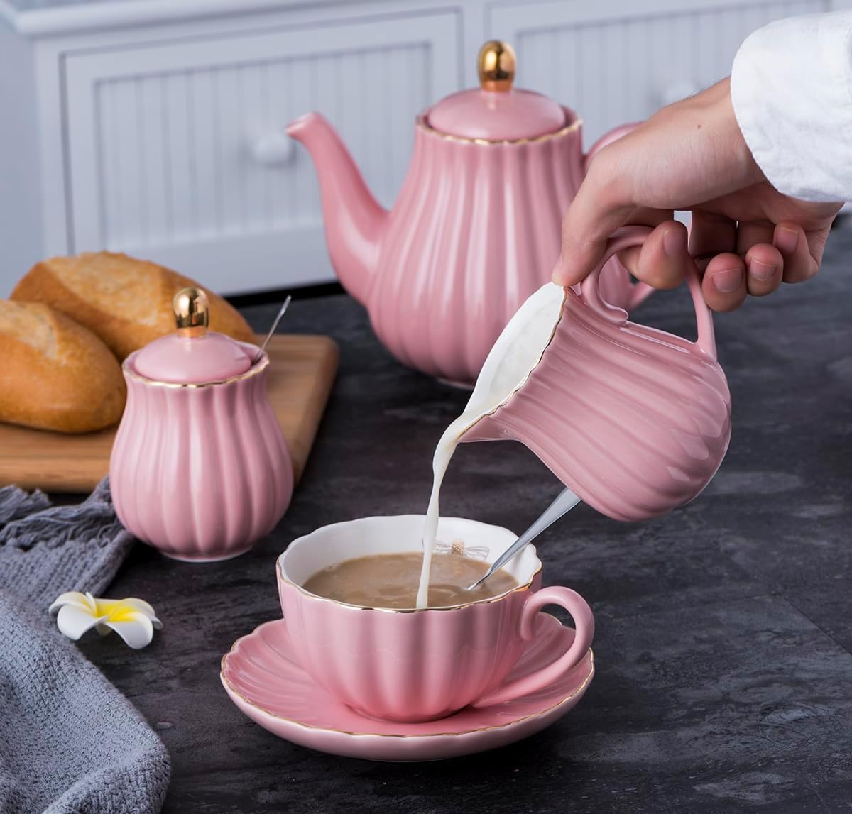 Porcelain Tea Set- Teapot and Creamer Sugar Bowl Set, Pink