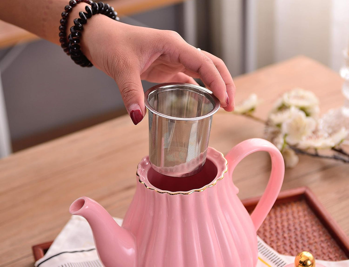 Porcelain Tea Set- Teapot and Creamer Sugar Bowl Set, Pink