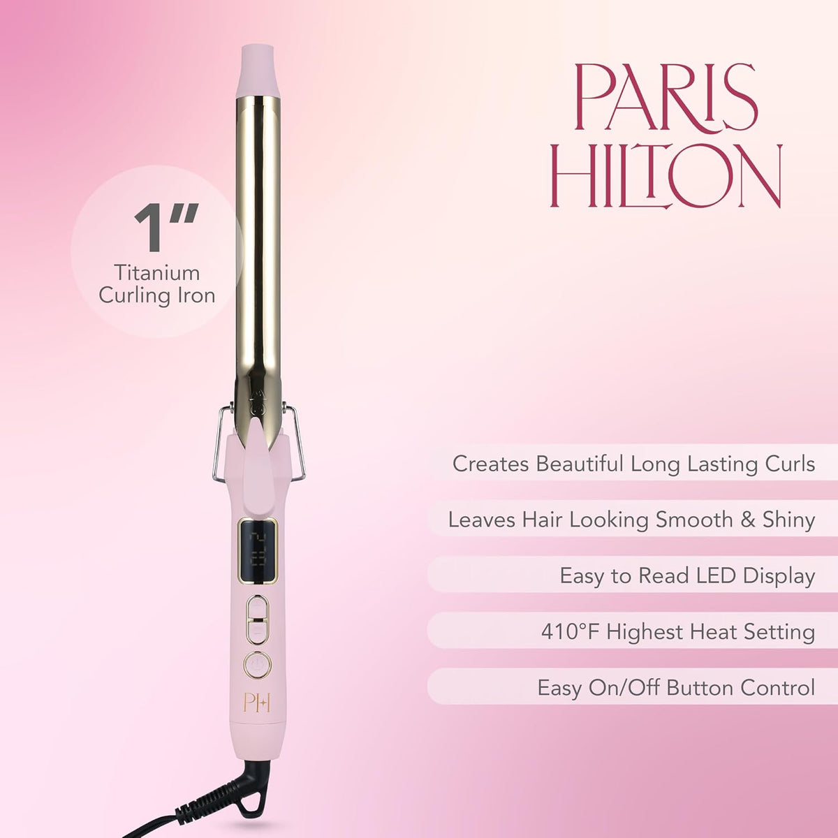 Paris Hilton - Curling Iron Hair Styler with Adjustable Heat, Pink
