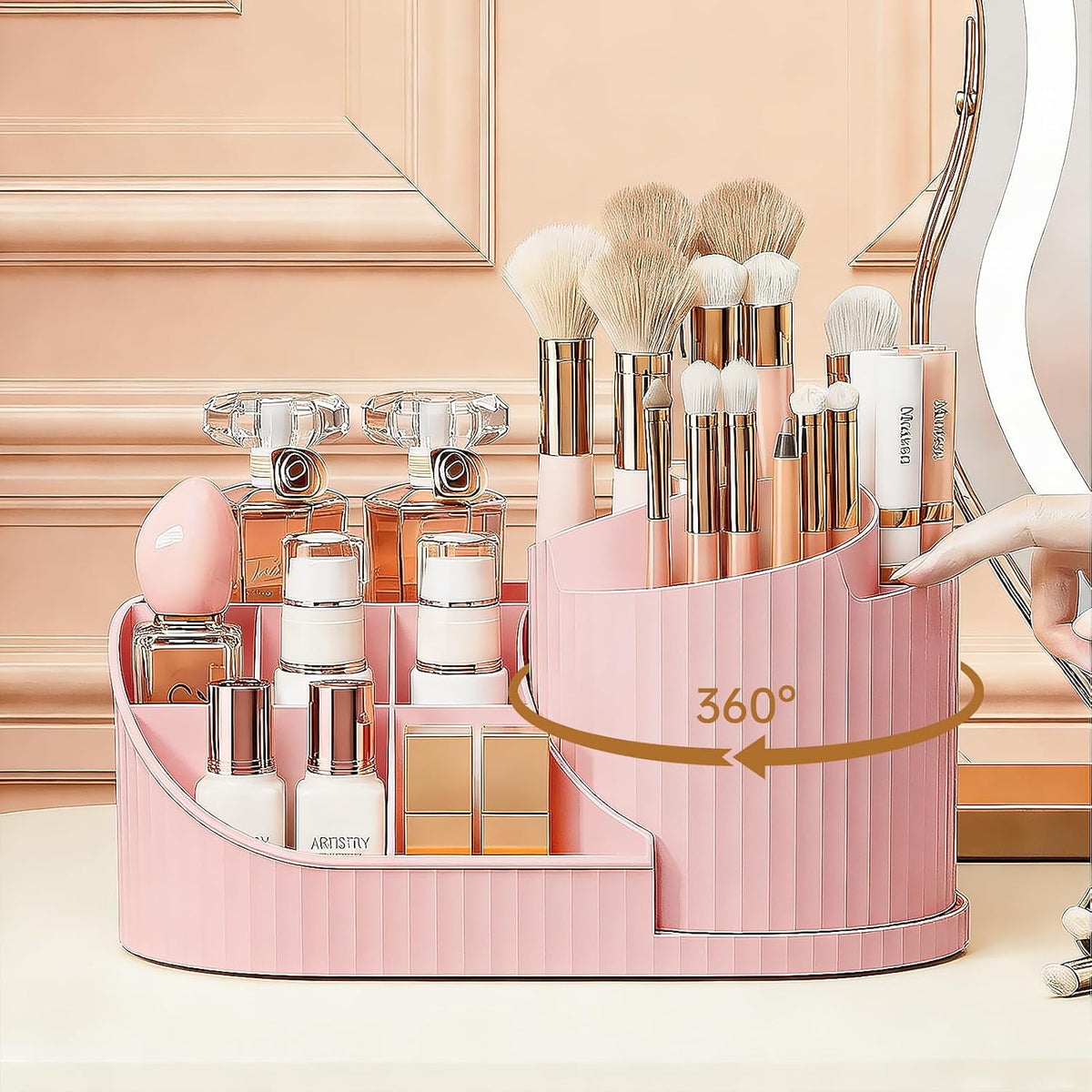 360 Rotating Makeup Brush Holder Make Up Brushes Organizer, Pink