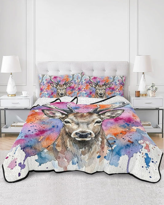 Quilts Twin XL Size, Elk Soft Comforter Bedding Set for Bed, Pink Purple Blue Watercolor Splashes Splatter Animal Lightweight Quilted Bedspread with Pillow Cover(2 Pieces) for All Season, 68x98 Inch