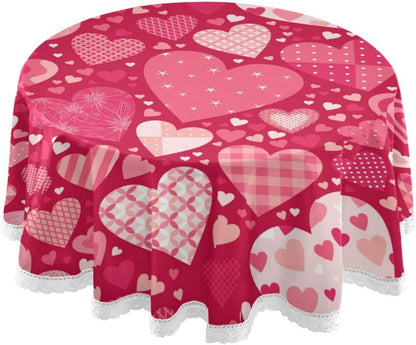 Valentine's Day Round Tablecloth 60 Inches Pink Red Hearts Lace Table Cloth Water Resistant Spillproof Wrinkle Free Love Hearts Valentines Table Cover