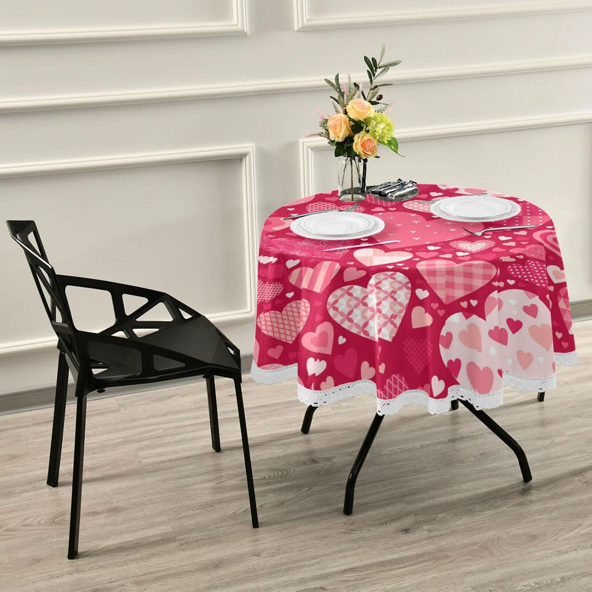 Valentine's Day Round Tablecloth 60 Inches Pink Red Hearts Lace Table Cloth Water Resistant Spillproof Wrinkle Free Love Hearts Valentines Table Cover