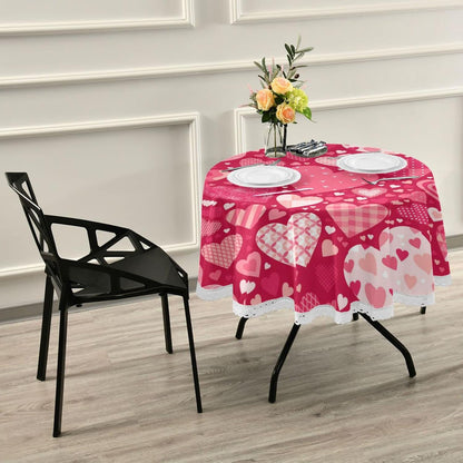 Valentine's Day Round Tablecloth 60 Inches Pink Red Hearts Lace Table Cloth Water Resistant Spillproof Wrinkle Free Love Hearts Valentines Table Cover