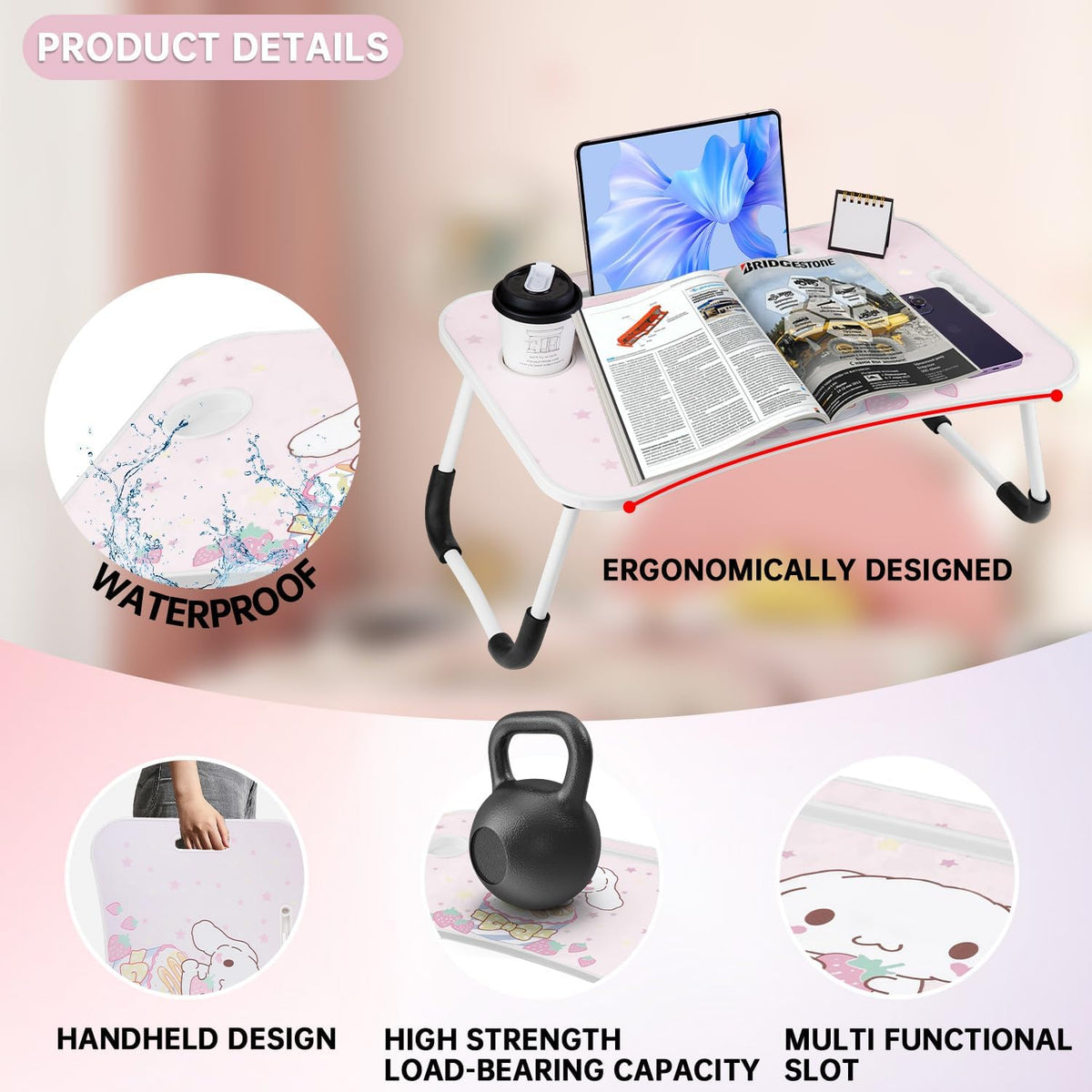 Kawaii Laptop Desk Foldable Kawaii Bed Desk Table Cute Folding Breakfast Tray Portable Lap Standing Desk Notebook Stand Reading Holder for Bed/Couch/Sofa/Floor (Pink)