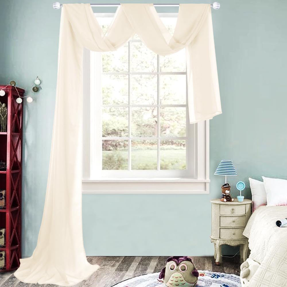 HUTO Beige Peach Sheer Window Scarf Valances for Girls Room Sheer Soft Voile Curtain Scarves for Wedding Party Canopy Bed 216 Extra Long 1 Panel