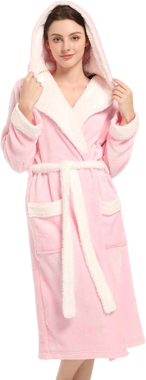 Women Hooded Plush Robe, Fleece Highly Absorbent Cozy Warm Bathrobe