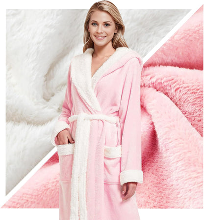 Women Hooded Plush Robe, Fleece Highly Absorbent Cozy Warm Bathrobe