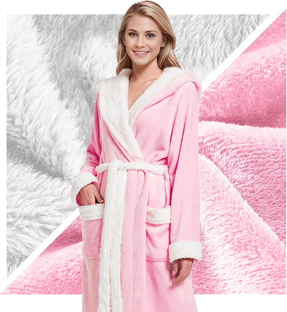 Women Hooded Plush Robe, Fleece Highly Absorbent Cozy Warm Bathrobe