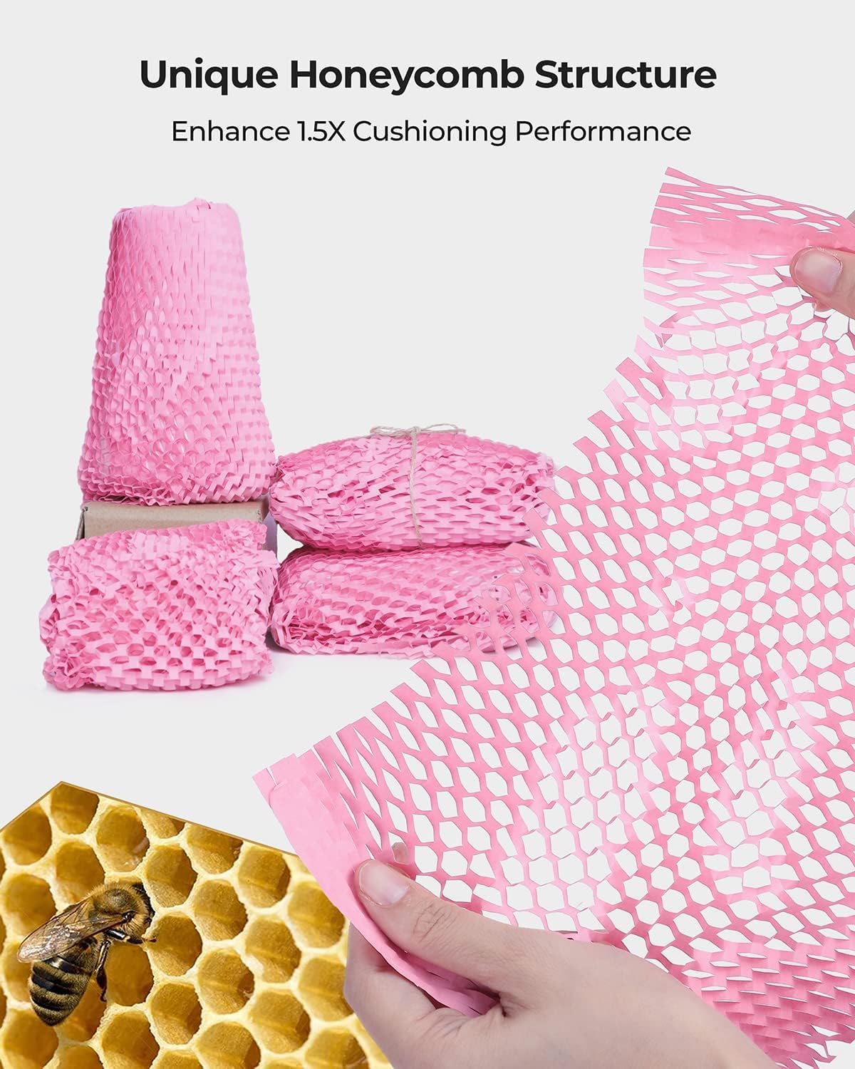 Honeycomb Packing Paper, Pink 15" x 450'' Packing Paper, Wrapping for Moving Shipping Packaging, Recyclable Moving Supplies With Fragile Sticker Labels and Twine (Pink,15" x 450'')