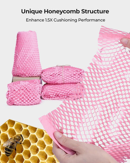 Honeycomb Packing Paper, Pink 15" x 450'' Packing Paper, Wrapping for Moving Shipping Packaging, Recyclable Moving Supplies With Fragile Sticker Labels and Twine (Pink,15" x 450'')
