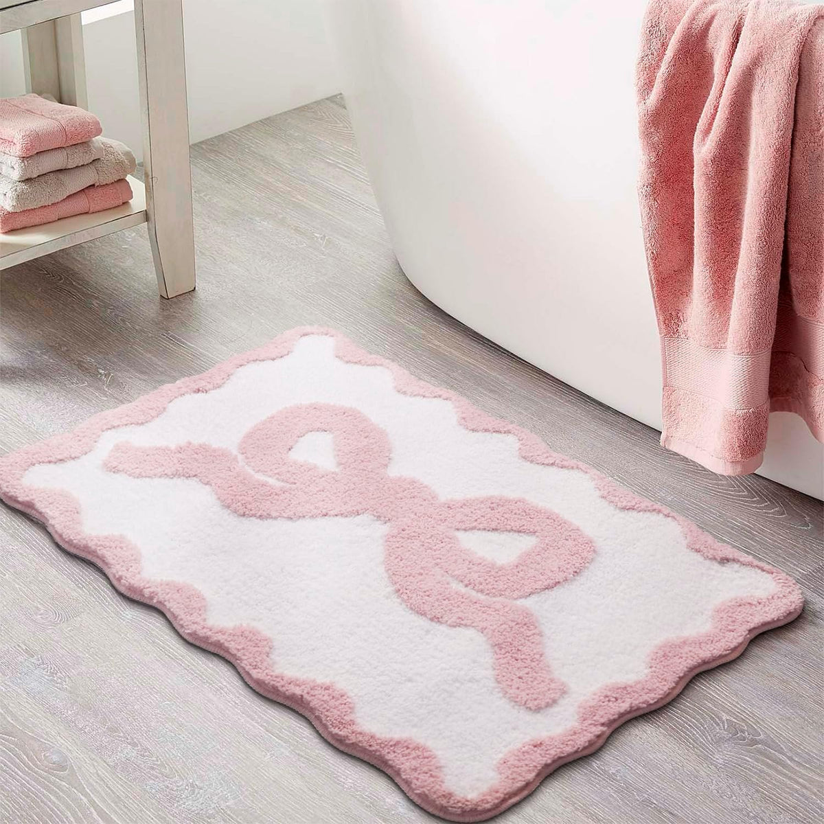 Pink Bow Bath Mat for Bathroom 20"x32", Cute Preppy Rugs with Scalloped Edges, Soft Microfiber, Ultra Absorbent, Non-Slip, Aesthetic Coquette Room Decor for Vanity, Shower, Bedroom, Sink Area